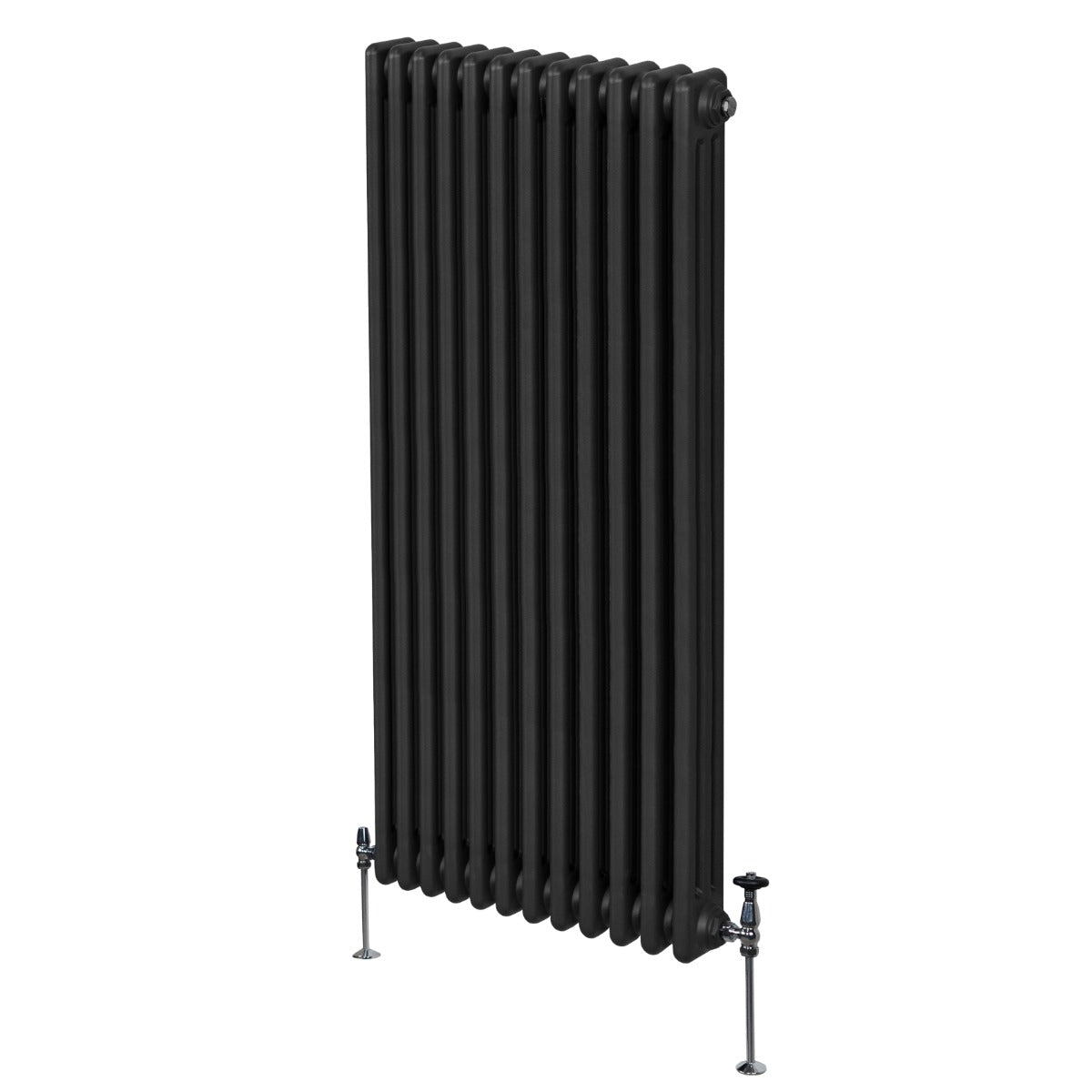 Radiateur traditionnel noir à 3 colonnes, 1800 x 562 mm, avec une finition lisse et des pieds en métal chromé pour un style élégant