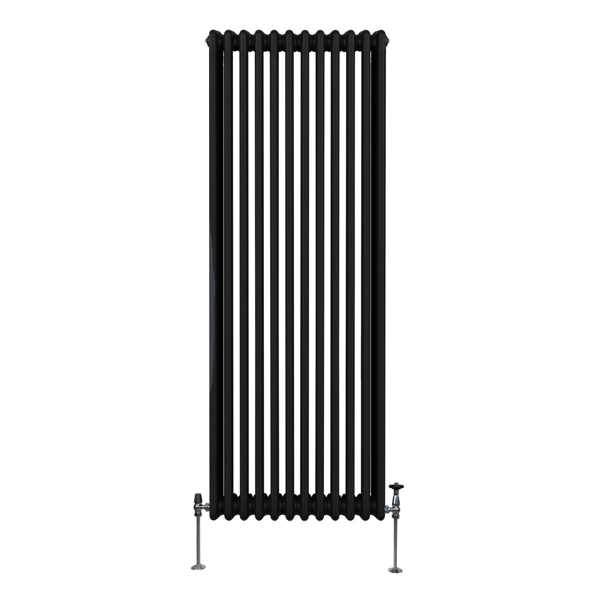 Radiateur traditionnel noir à trois colonnes, 1800 x 562 mm, avec finition lisse et pieds en métal chromé, design élégant et moderne