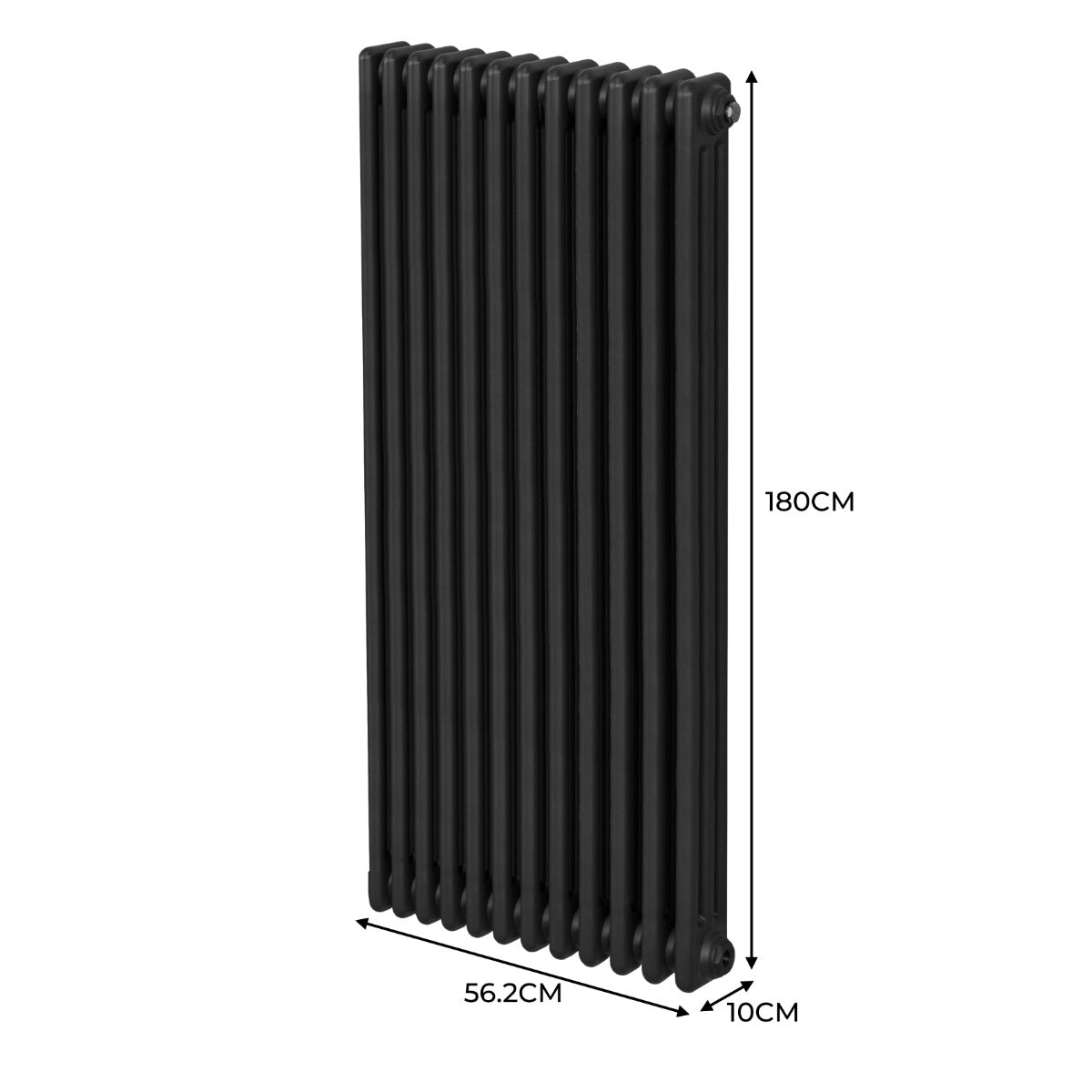 Radiateur traditionnel noir à trois colonnes, dimensions 1800 x 562 mm, avec une finition lisse et moderne, idéal pour le chauffage intérieur