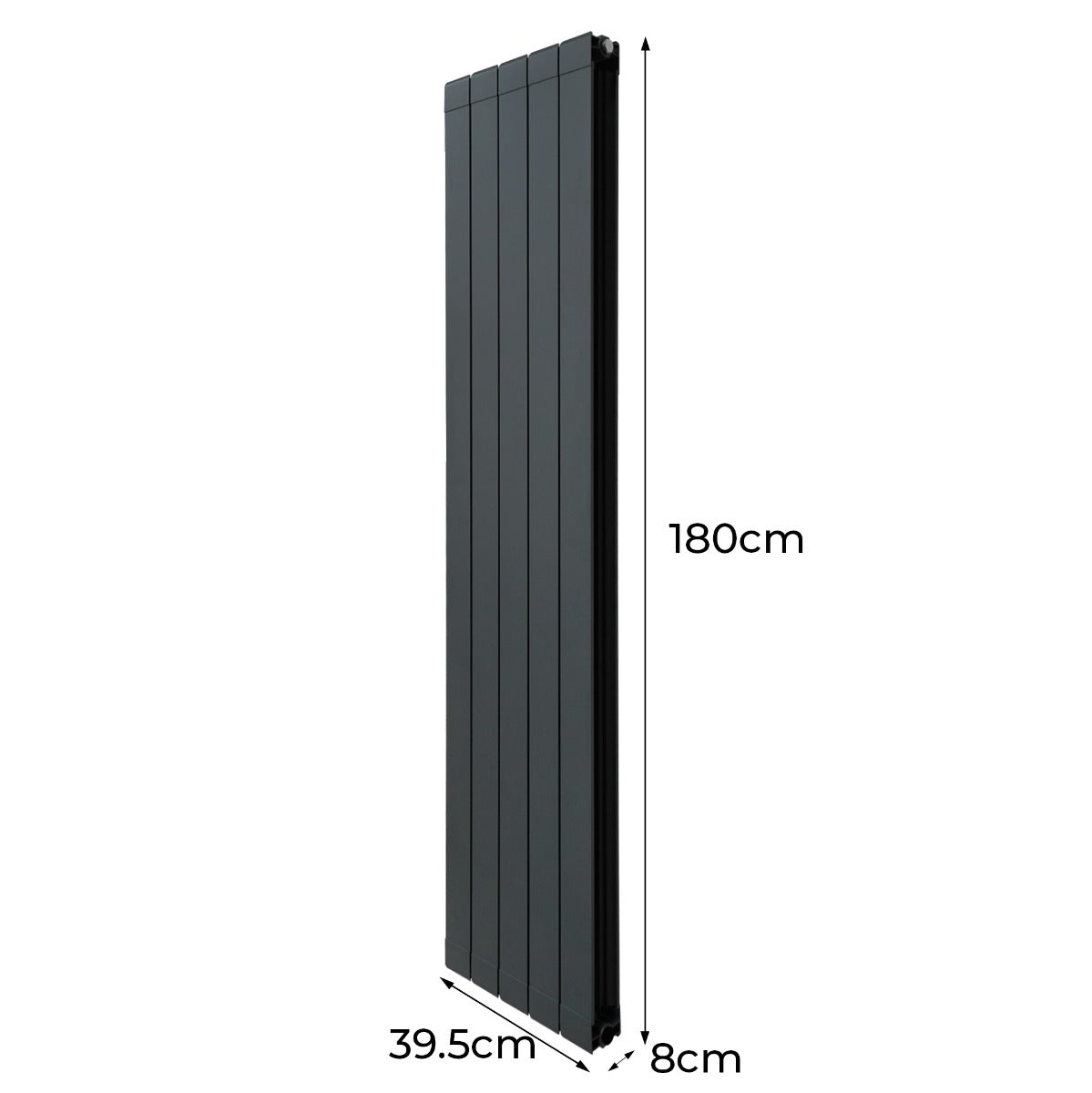 Radiateur en aluminium noir, dimensions 180 cm de hauteur et 39,5 cm de largeur, avec une surface lisse et moderne, idéal pour le chauffage intérieur