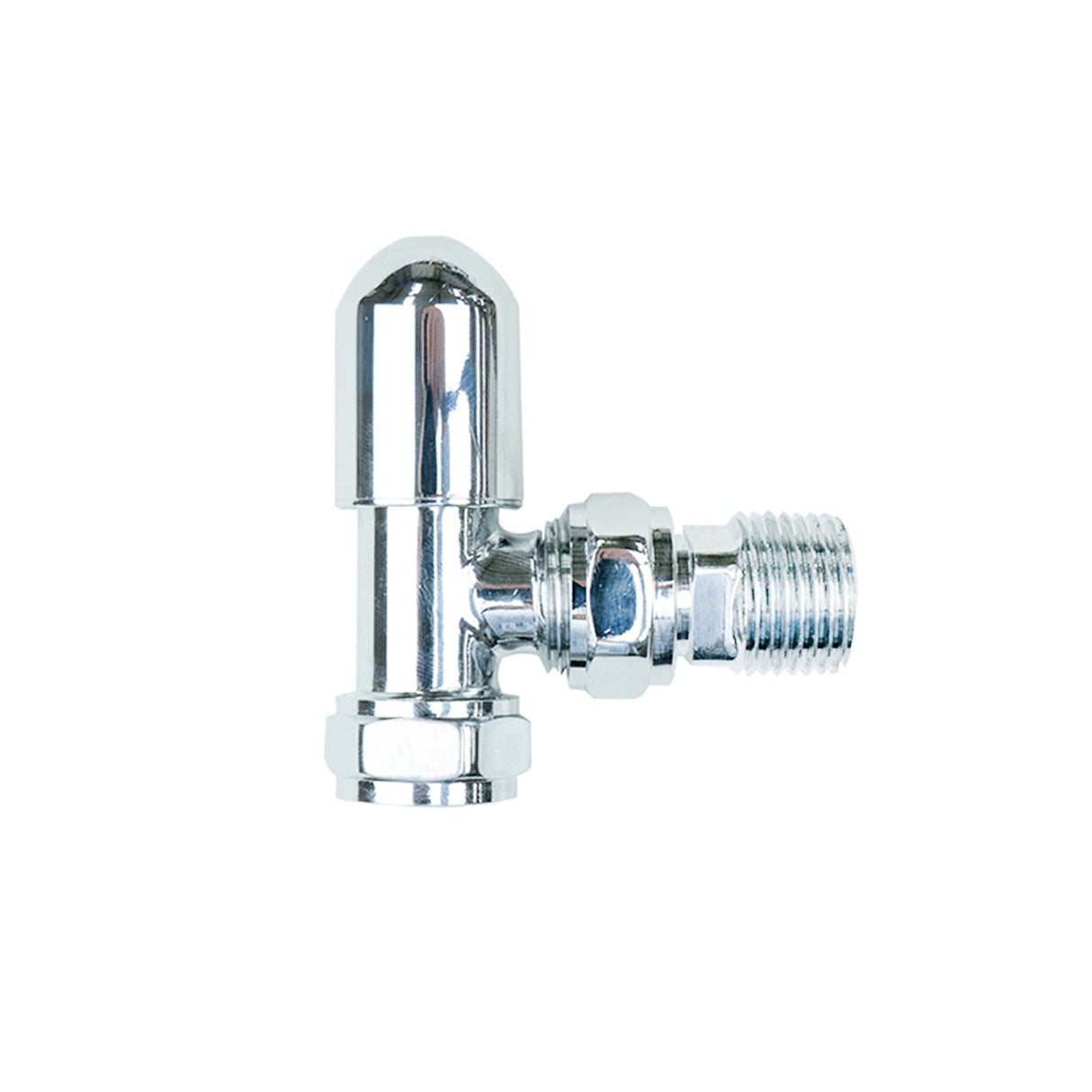 Vanne de radiateur thermostatique en laiton chromé, finition brillante, forme angulaire avec filetage et connexion robuste