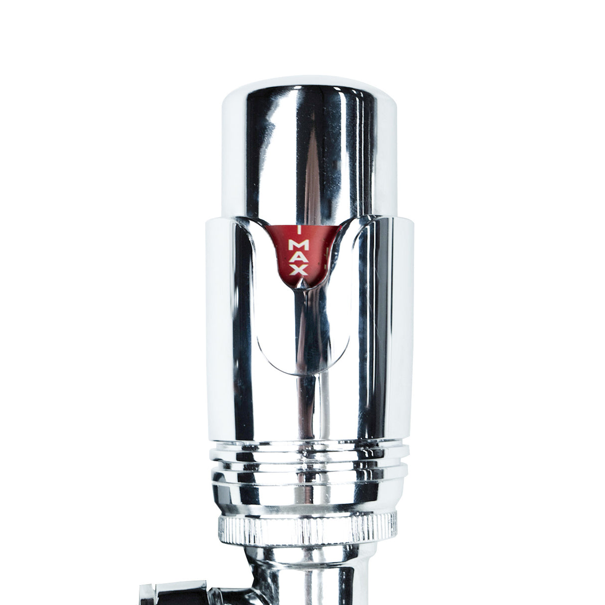Vanne de radiateur thermostatique en laiton chromé, finition brillante, avec un bouton rouge indiquant la température maximale