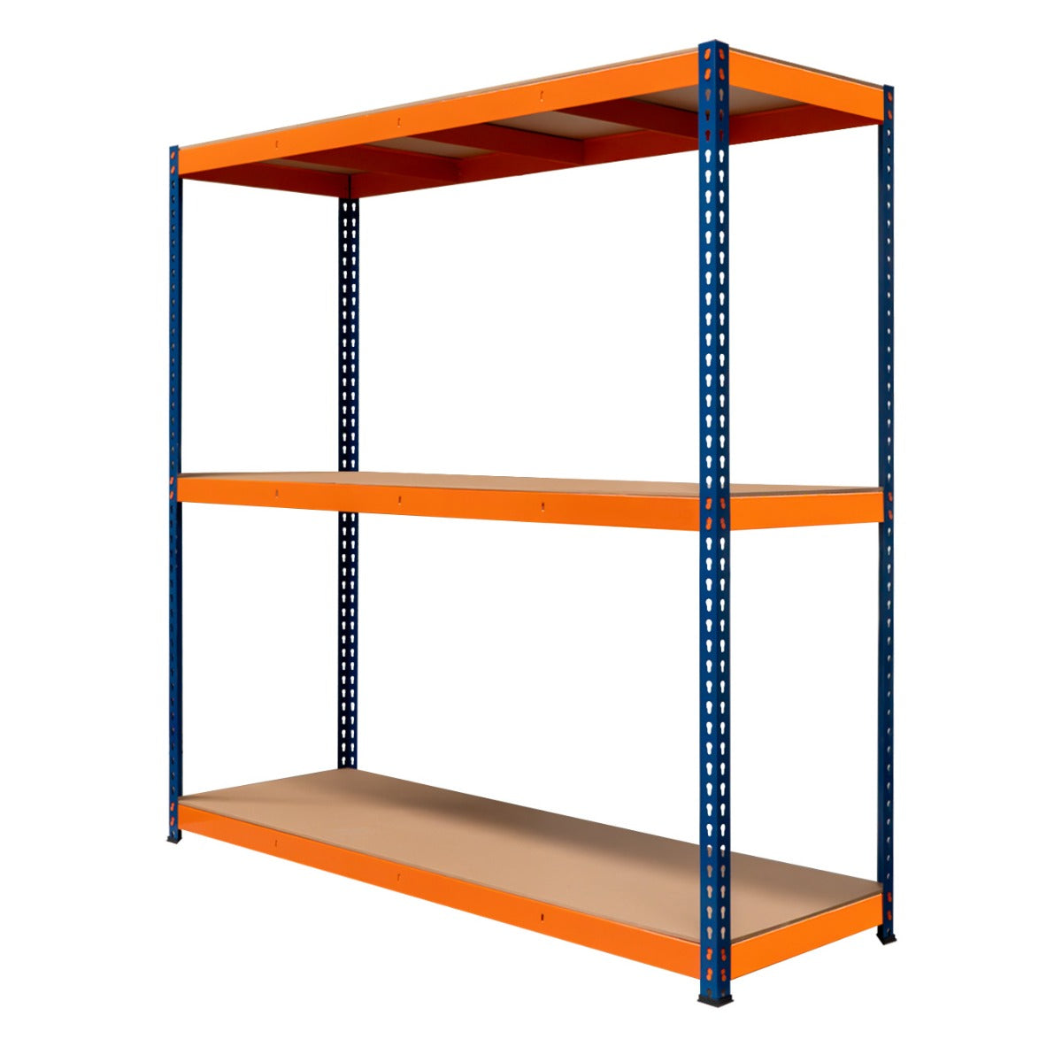 Rayonnage S-Rax en acier orange et bleu, trois étagères solides, dimensions 60cm x 180cm x 180cm, idéal pour le rangement