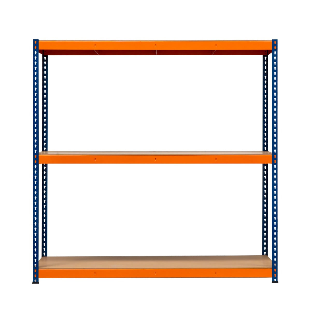Rayonnage S-Rax en acier orange et bleu, 3 étagères, dimensions 60cm x 180cm x 180cm, design robuste et moderne, idéal pour le rangement