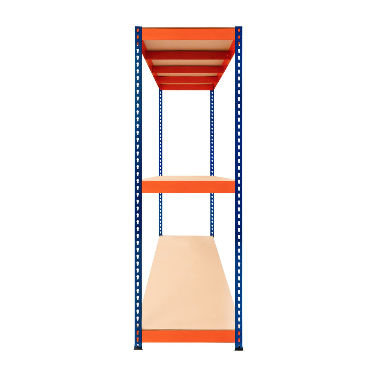 Rayonnage S-Rax en acier orange et bleu avec trois étagères, dimensions 60cm x 180cm x 180cm, design robuste et moderne
