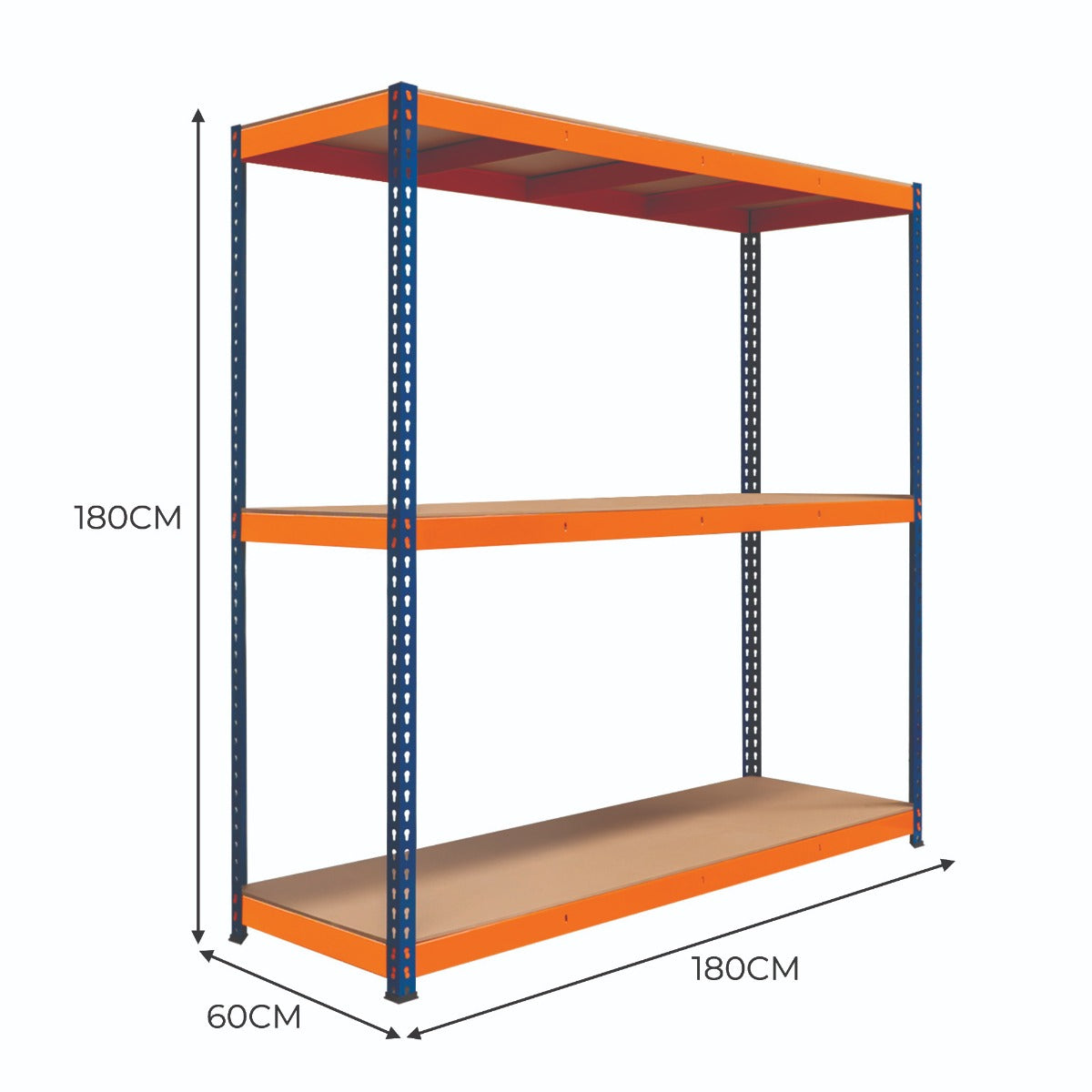 Rayonnage S-Rax en acier orange et bleu avec trois étagères, dimensions 60cm x 180cm x 180cm, idéal pour le rangement robuste