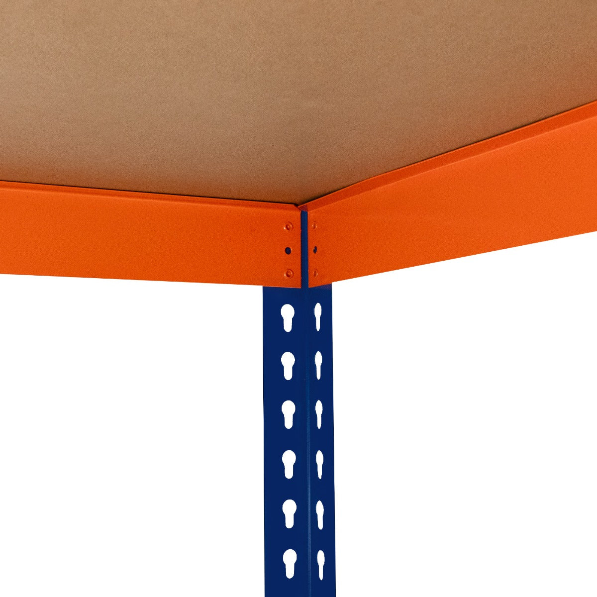 Rayonnage S-Rax en acier orange et bleu, avec trois étagères en bois, dimensions 60cm x 180cm x 180cm, solide et fonctionnel