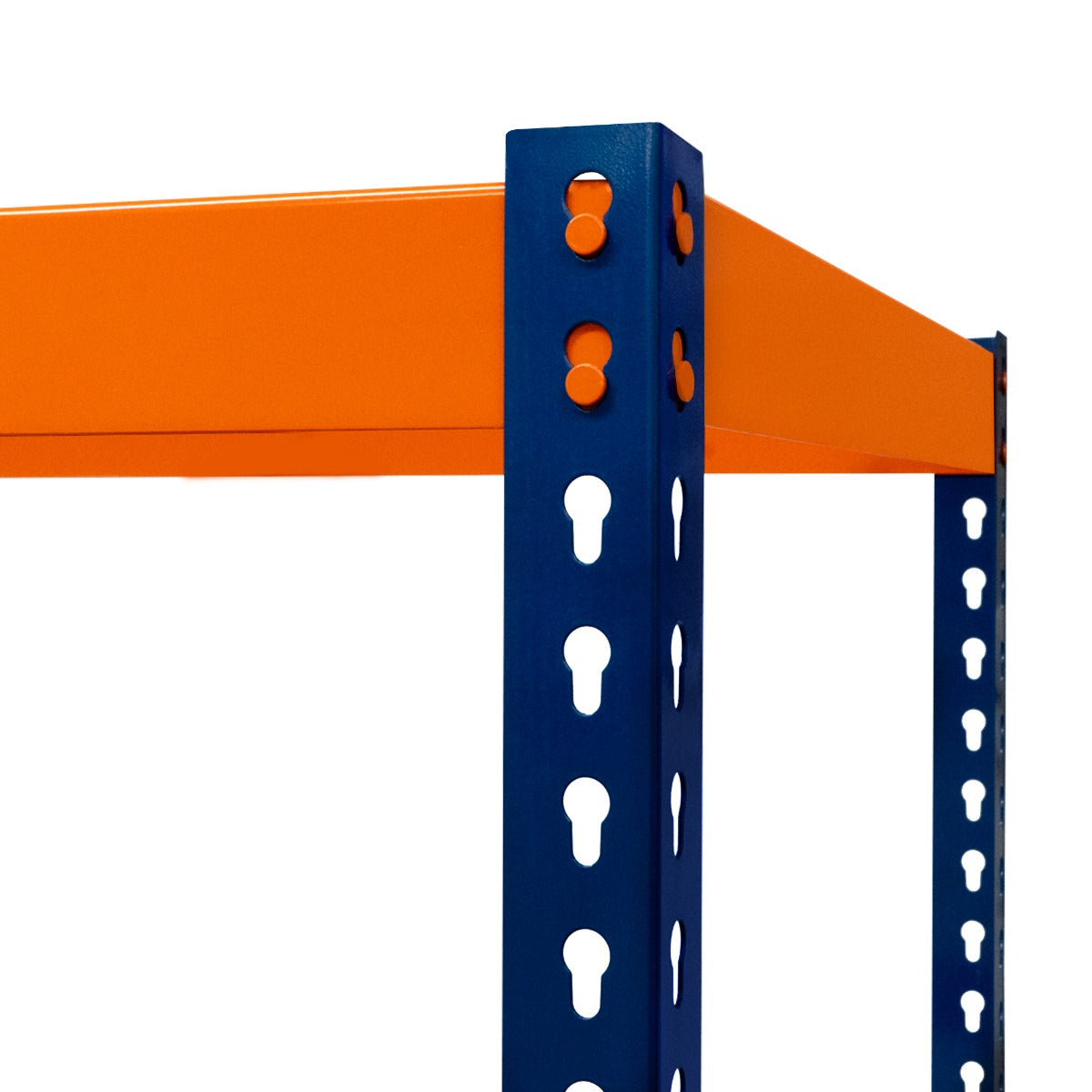 Rayonnage S-Rax en acier orange et bleu, avec trois étagères, dimensions 60cm x 180cm x 180cm, structure robuste et perforée