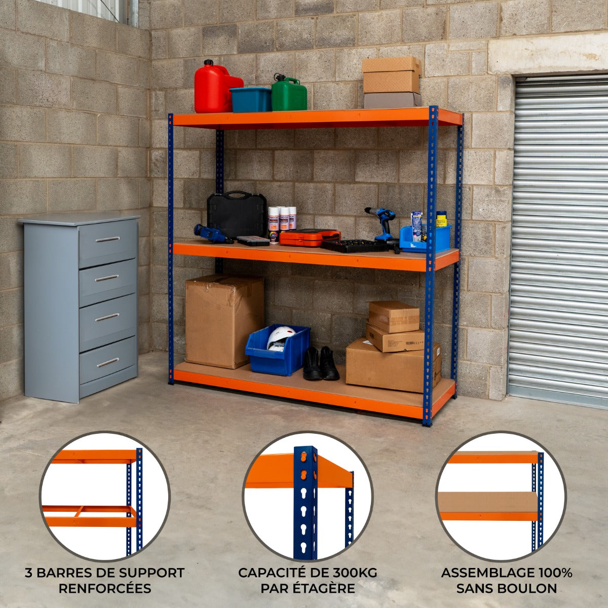 Rayonnage S-Rax en acier orange et bleu, 3 étagères, capacité de 300 kg chacune, idéal pour le rangement d'outils et de fournitures