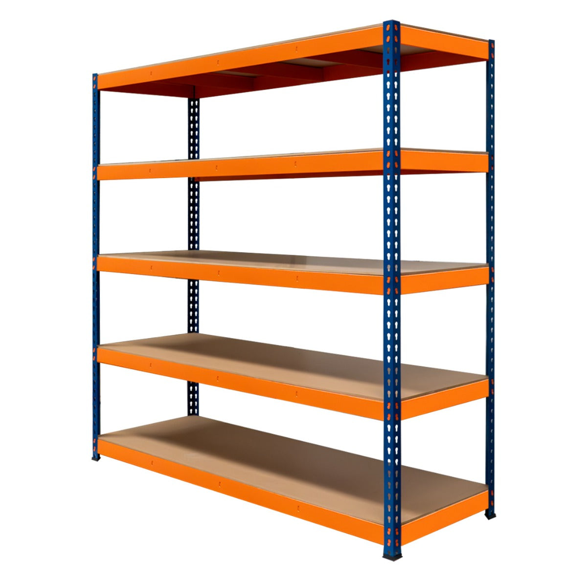 Rayonnage S-Rax en acier orange et bleu, cinq étagères robustes, dimensions 60 cm x 180 cm x 180 cm, idéal pour le rangement