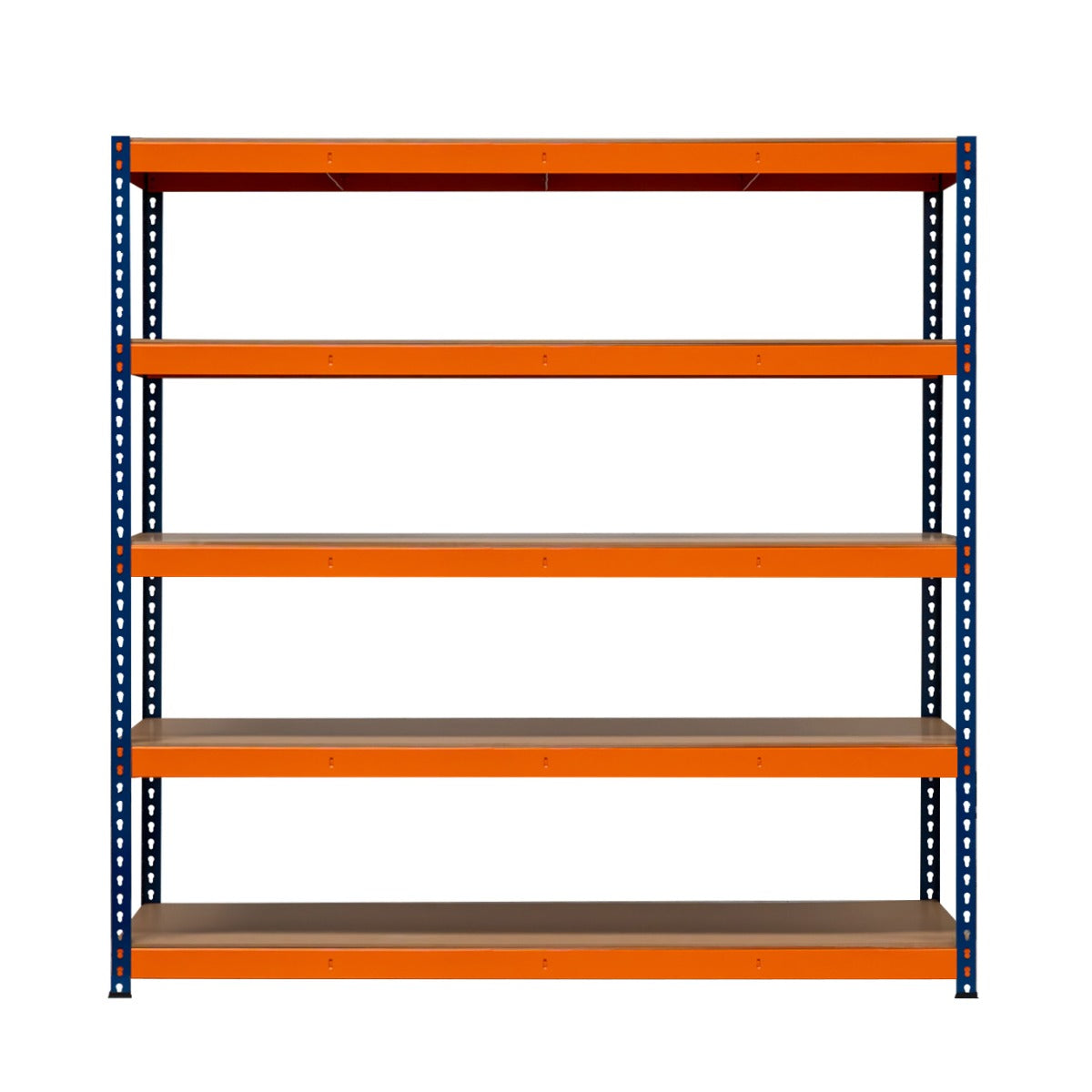 Rayonnage S-Rax en acier orange et bleu avec cinq étagères, dimensions 60cm x 180cm x 180cm, surface lisse et robuste