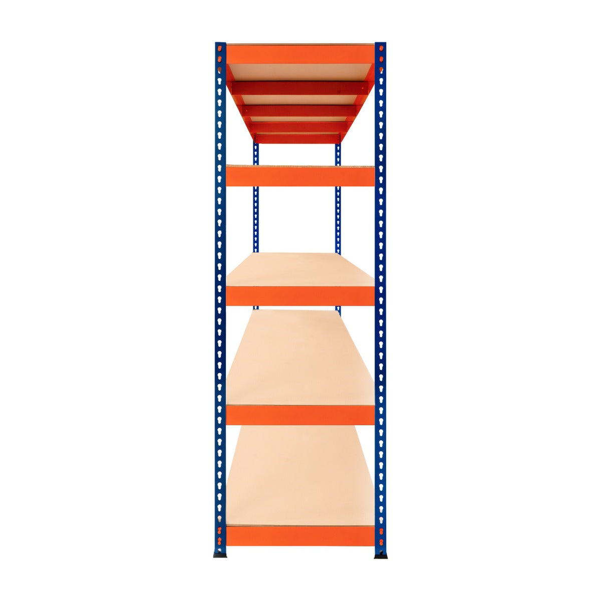 Rayonnage S-Rax en acier orange et bleu avec cinq étagères en bois, dimensions 60cm x 180cm x 180cm, idéal pour le rangement