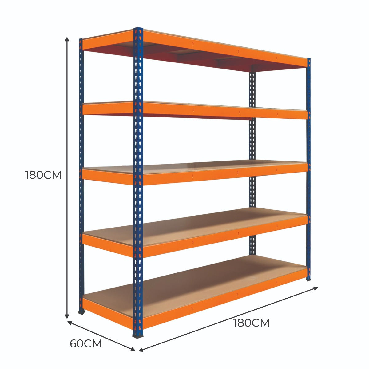Rayonnage S-Rax en acier orange et bleu, 5 étagères, dimensions 60 cm x 180 cm x 180 cm, structure robuste et moderne