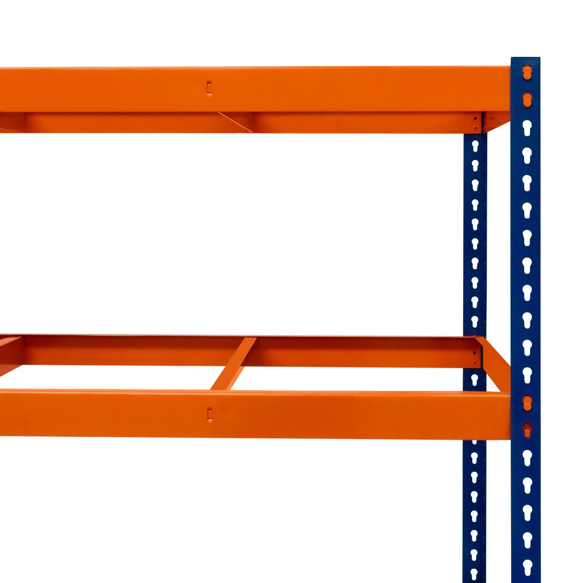 Rayonnage S-Rax en acier orange et bleu, 5 étagères, dimensions 60cm x 180cm x 180cm, structure robuste et moderne