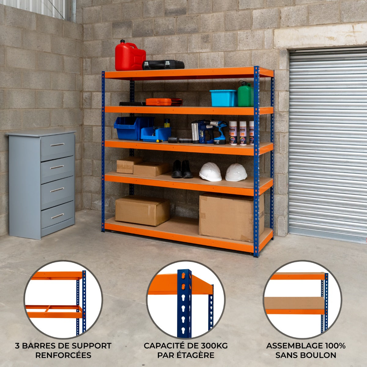 Rayonnage S-Rax en acier orange et bleu avec cinq étagères, idéal pour le rangement, capacité de 300 kg par étagère, assemblage facile