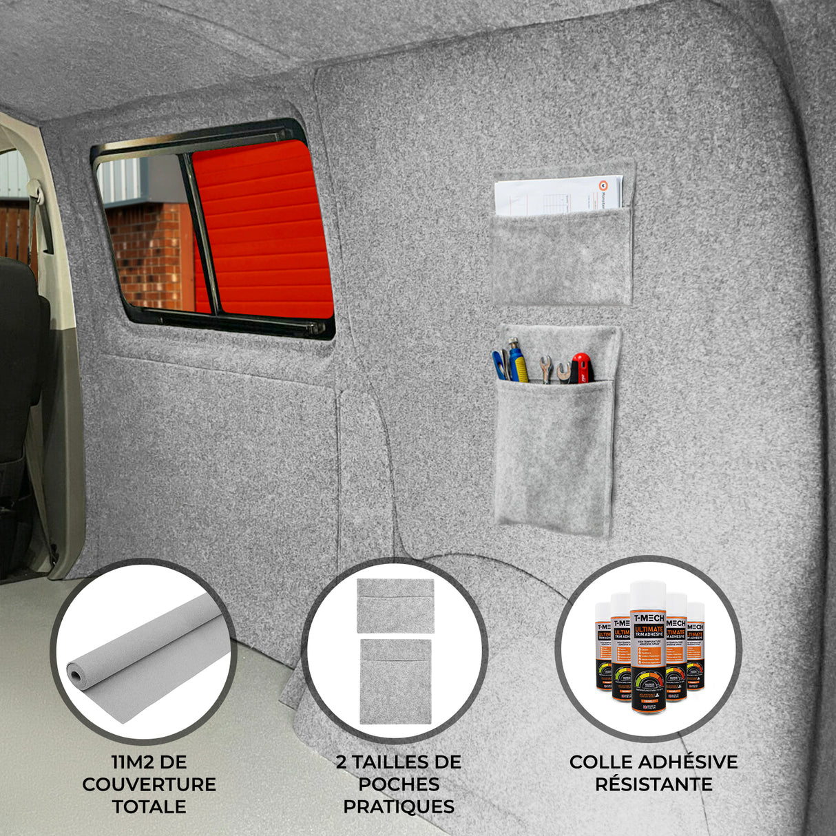 Doublure Intérieure pour Van, Poches de Rangement & Adhésif – Gris Argenté