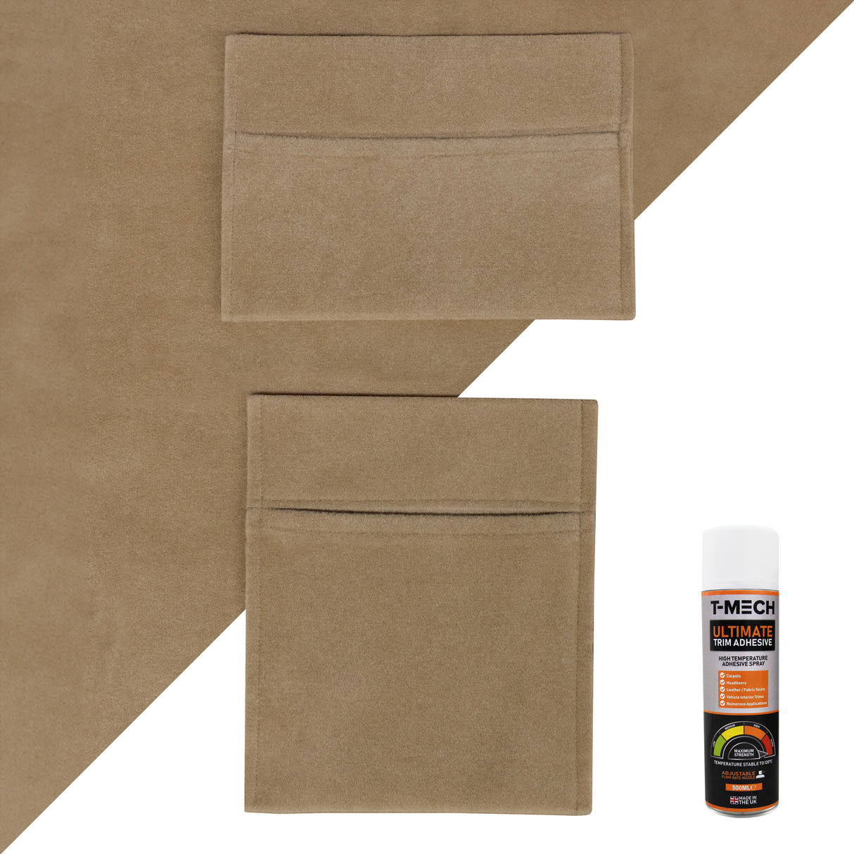 Doublure intérieure beige pour van avec poches de rangement, texture douce et adhésif, idéale pour l'organisation et la décoration