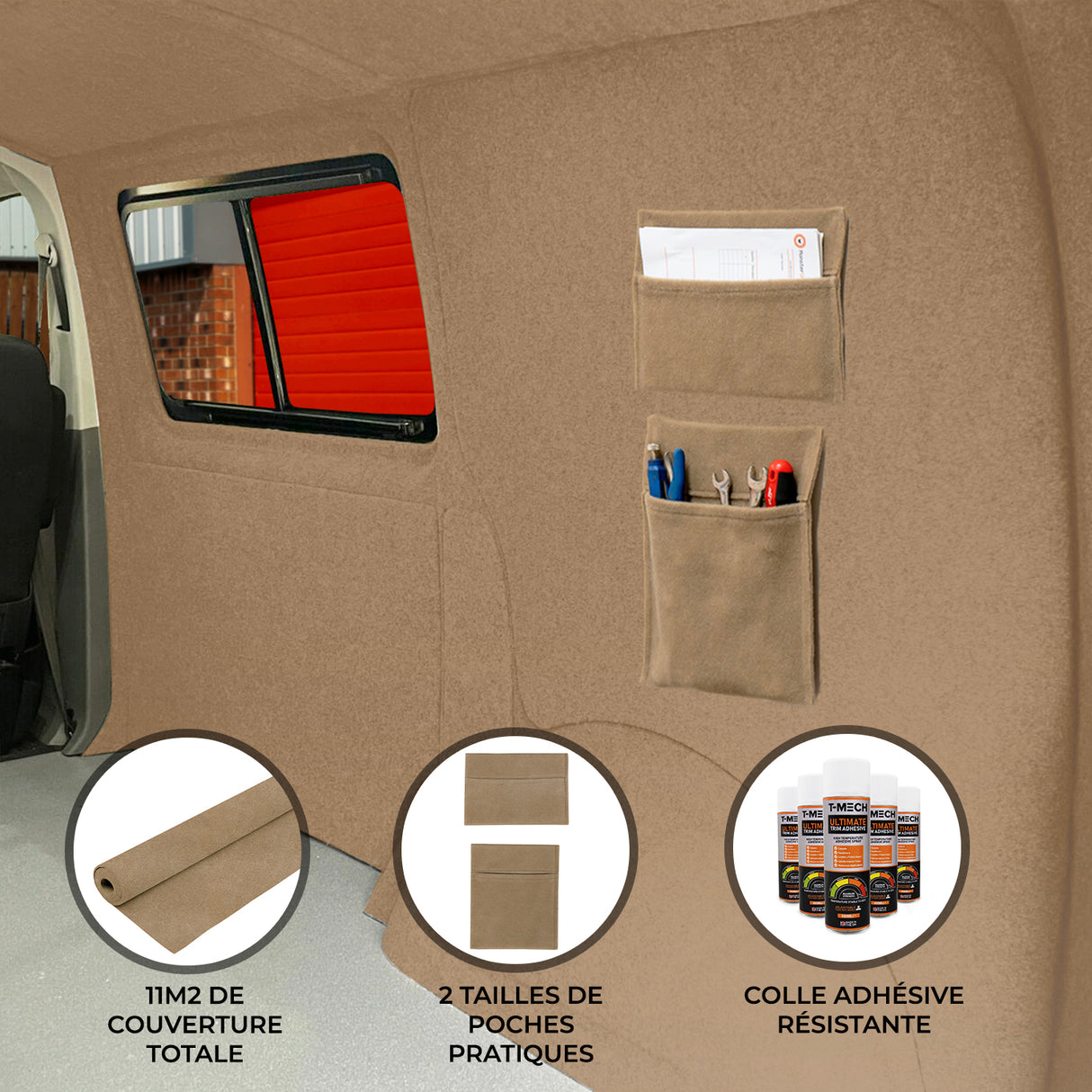 Doublure intérieure beige pour van, avec poches de rangement pratiques et adhésif résistant, offrant une finition soignée et fonctionnelle