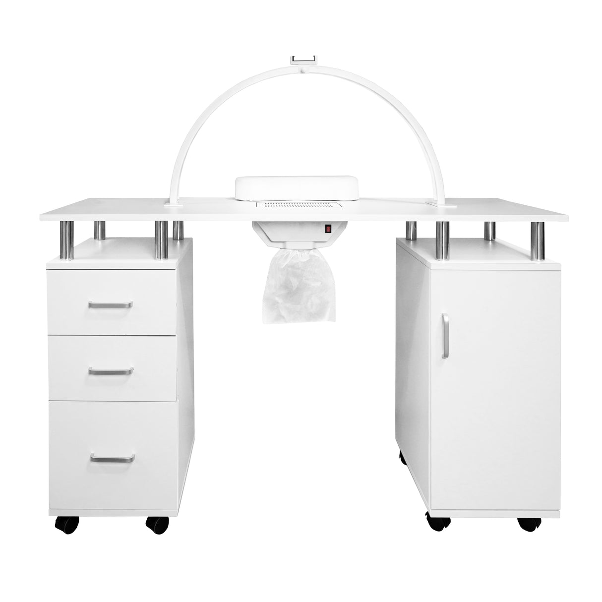 Table de manucure professionnelle blanche avec tiroirs, éclairage LED demi-lune et roulettes pour un déplacement facile