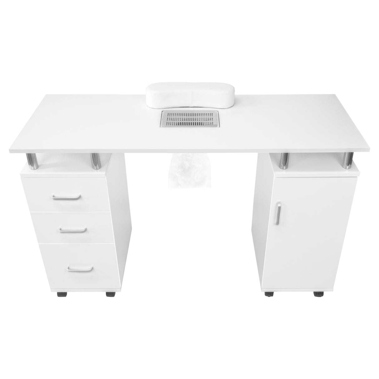 Table de manucure professionnelle blanche avec tiroirs, surface lisse et lampe LED demi-lune intégrée pour un éclairage optimal