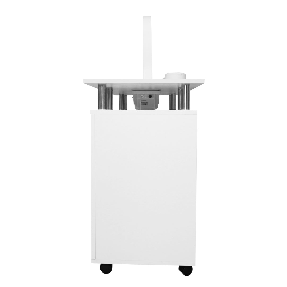 Table de manucure professionnelle blanche avec lampe LED demi-lune, roulettes, surface lisse et compartiment de rangement intégré