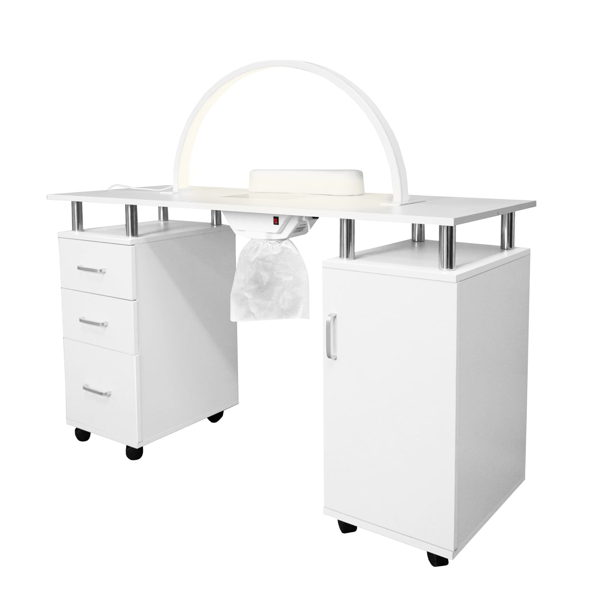 Table de manucure professionnelle blanche avec lampe LED demi-lune, tiroirs en métal, roulettes pour mobilité et design moderne