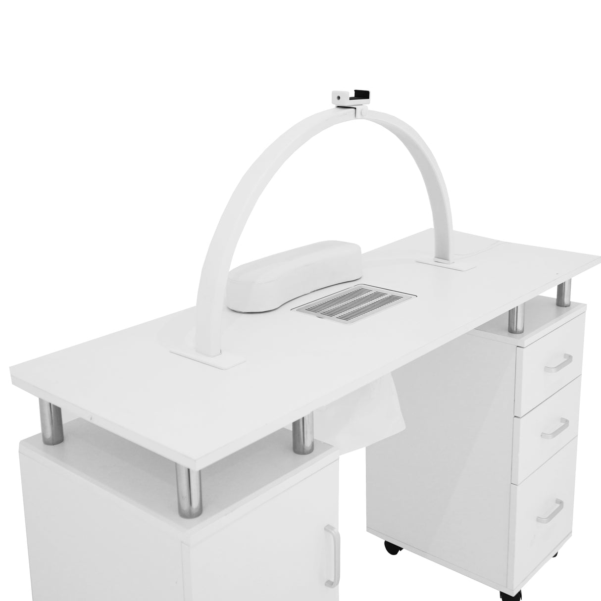 Table de manucure professionnelle blanche avec lampe LED demi-lune, surface lisse, tiroirs pratiques et pieds en métal argenté