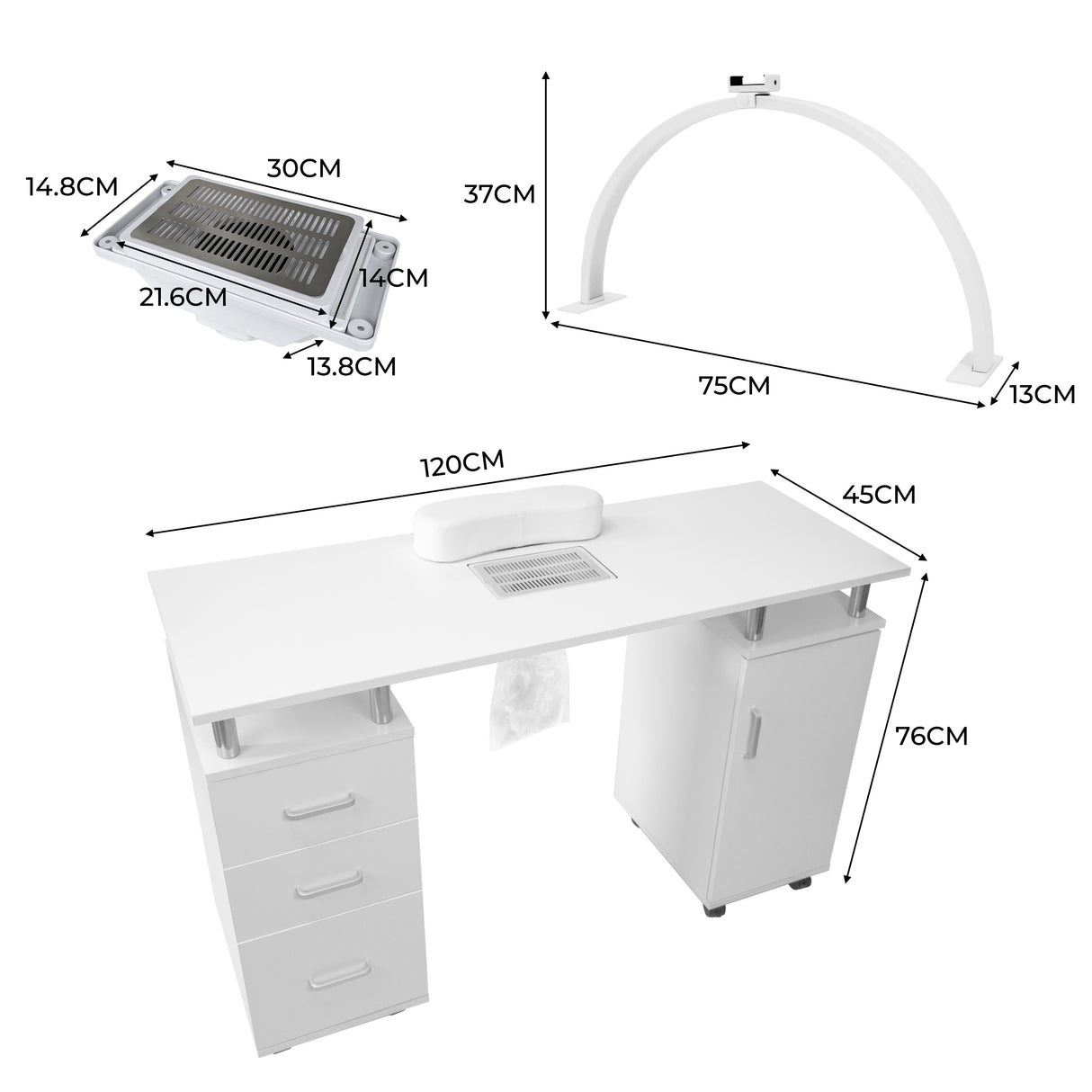 Table de manucure professionnelle blanche avec tiroirs, lampe LED demi-lune, surface lisse et dimensions indiquées pour un usage optimal