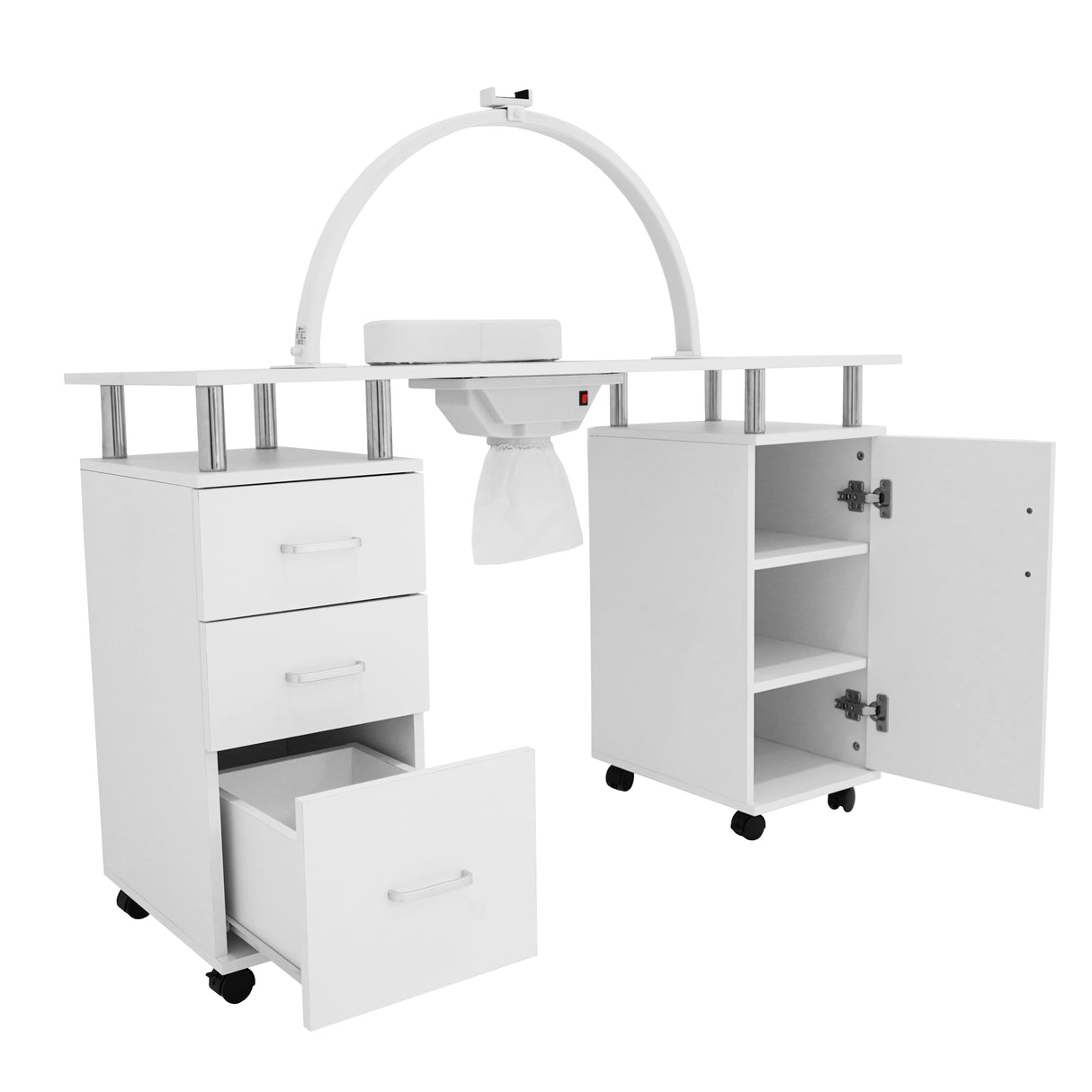 Table de manucure professionnelle blanche avec tiroirs, lampes LED demi-lune et roulettes pour un rangement pratique et un éclairage optimal