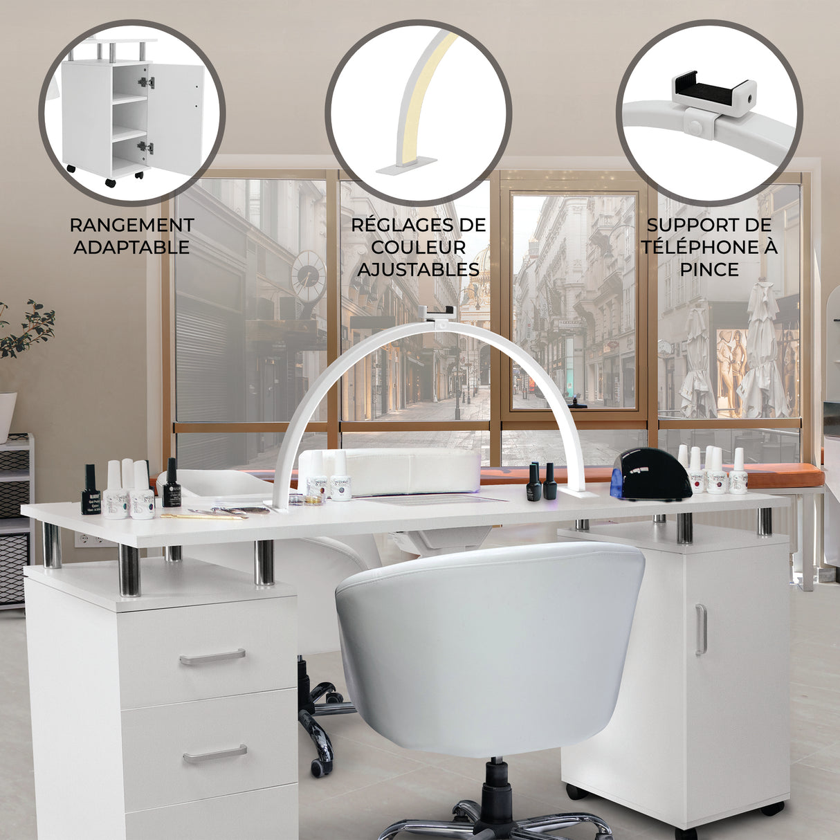 Table de manucure professionnelle blanche avec lampe LED demi-lune, rangement ajustable et support de téléphone à pince, ambiance moderne