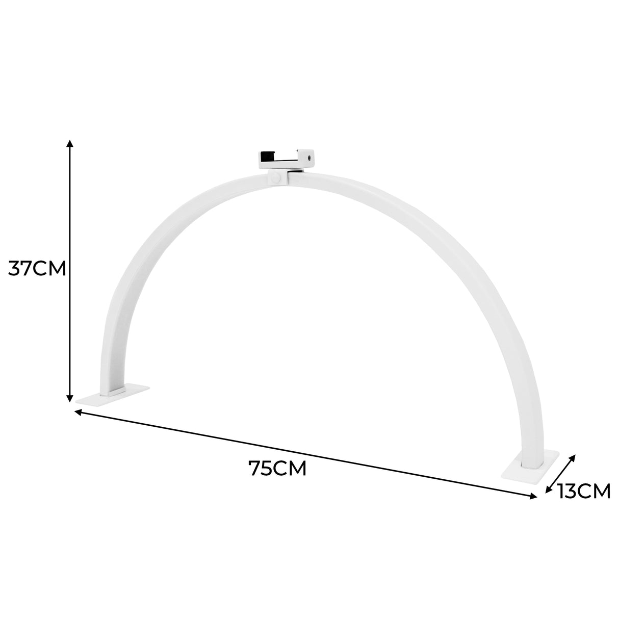 Lampe de manucure LED demi-lune blanche, courbure élégante, dimensions 75 cm de large, 37 cm de haut, 13 cm de profondeur, design moderne et minimaliste