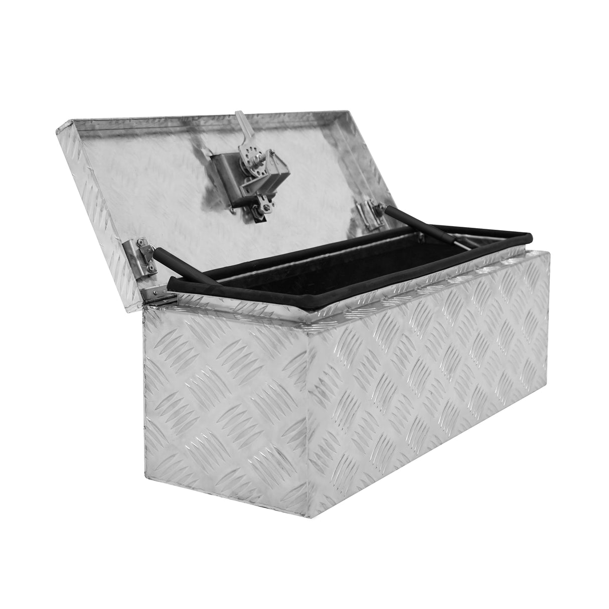 Caisse à outils en aluminium de 35 L avec texture en relief, couvercle ouvert, et poignées noires pour un transport facile