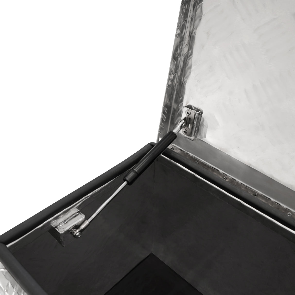 Caisse à outils en aluminium de 35 L avec finition argentée, intérieur noir, et système d'ouverture à gaz pour un accès facile