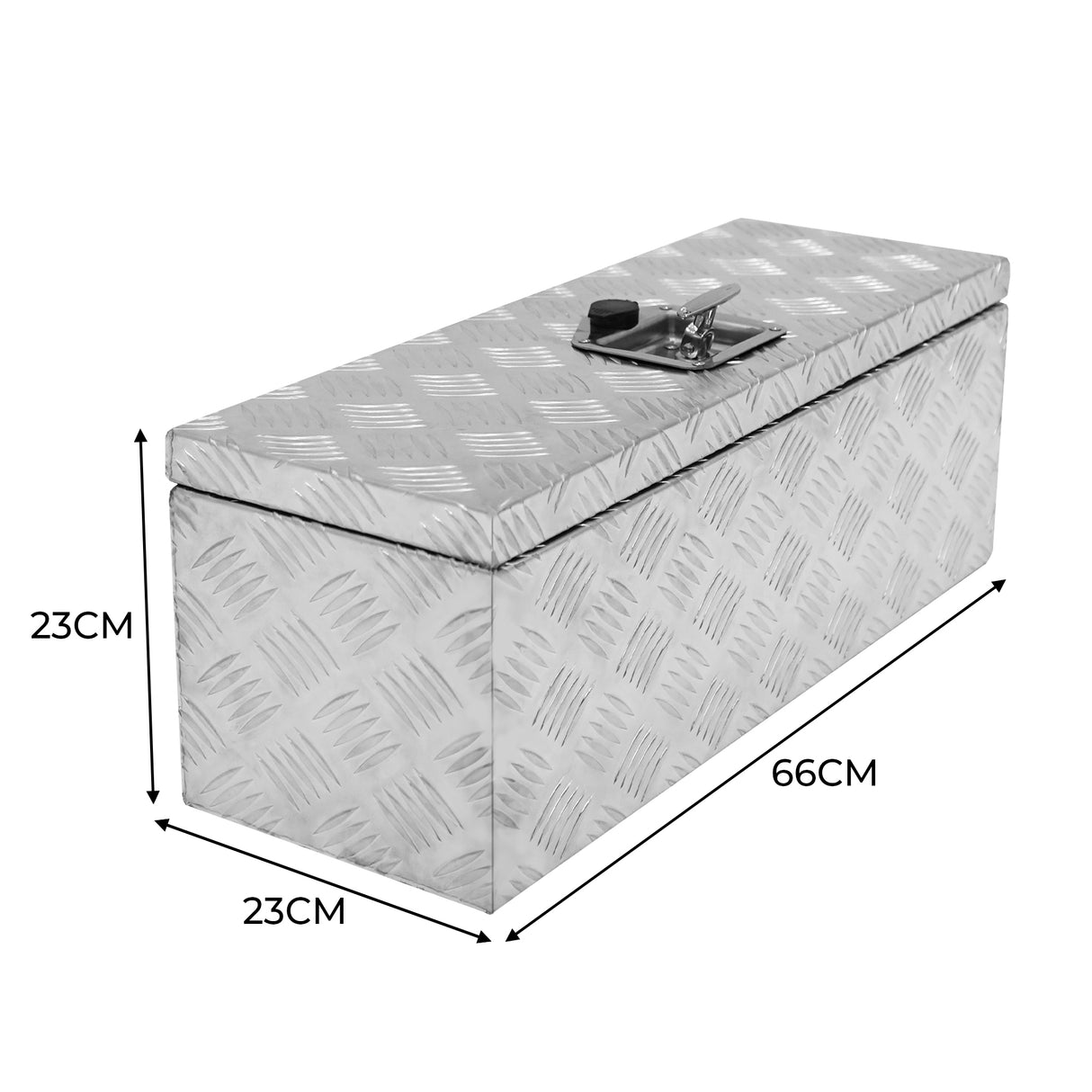 Caisse à outils en aluminium de 35 L, finition argentée, texture en relief, dimensions 66 cm x 23 cm x 23 cm, fermoir sécurisé