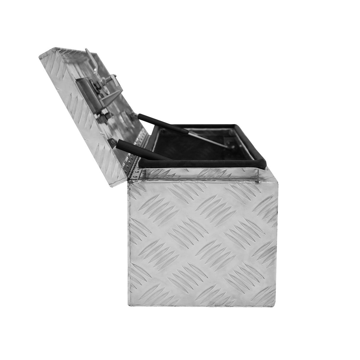 Caisse à outils en aluminium de 35 L, finition en relief, couleur argentée, avec couvercle ouvert et poignées noires en plastique