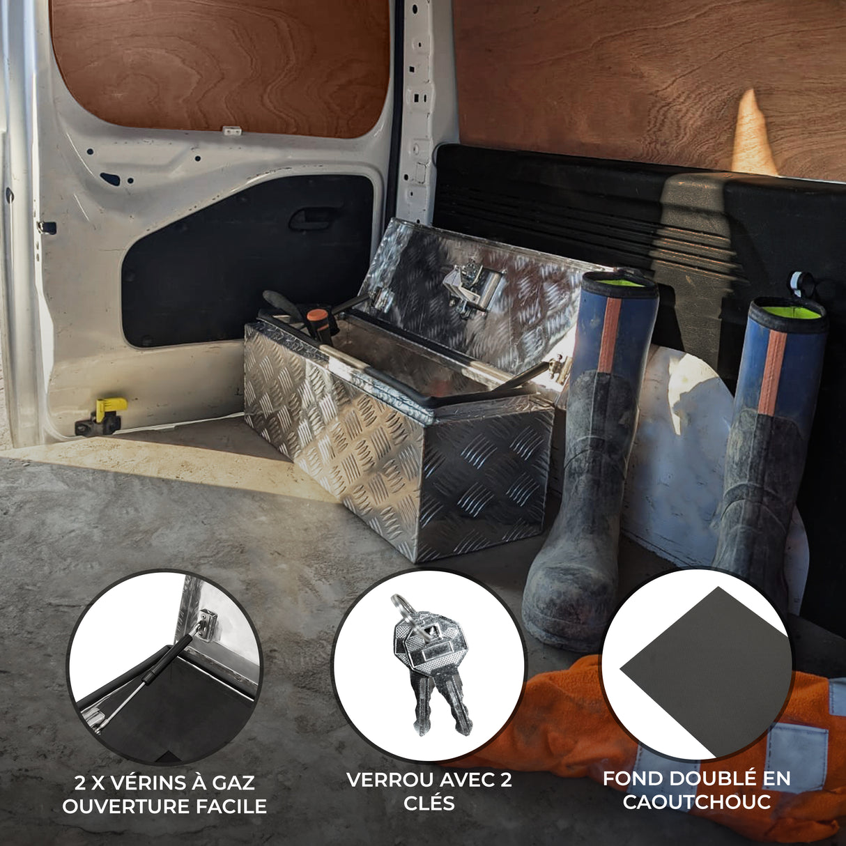Caisse à outils en aluminium 35 L, finition brillante, avec serrure à clé, à l'intérieur d'un véhicule utilitaire, entourée de bottes en caoutchouc