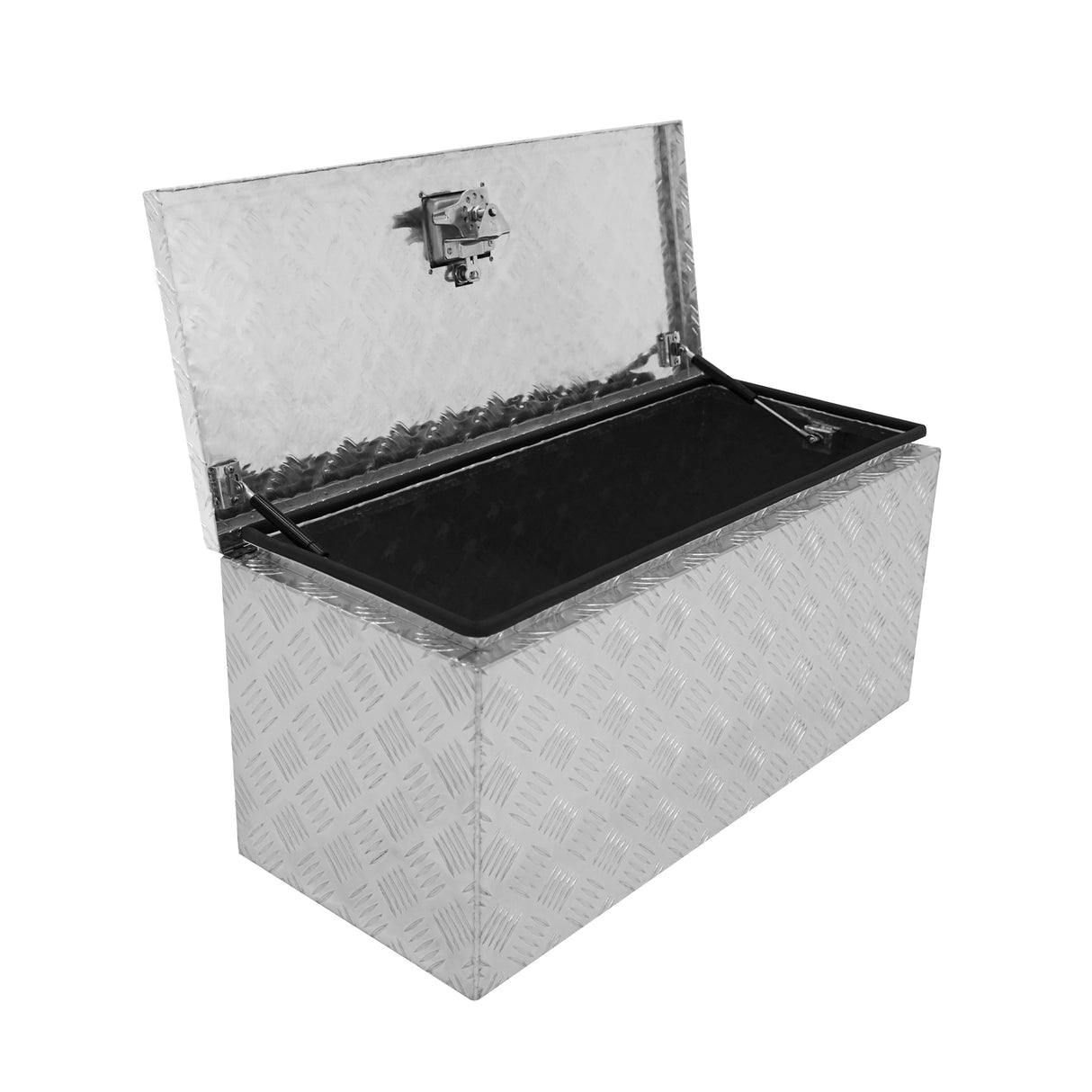Caisse à outils en aluminium de 102 L, finition argentée, surface en relief, couvercle ouvert, intérieur noir et spacieux