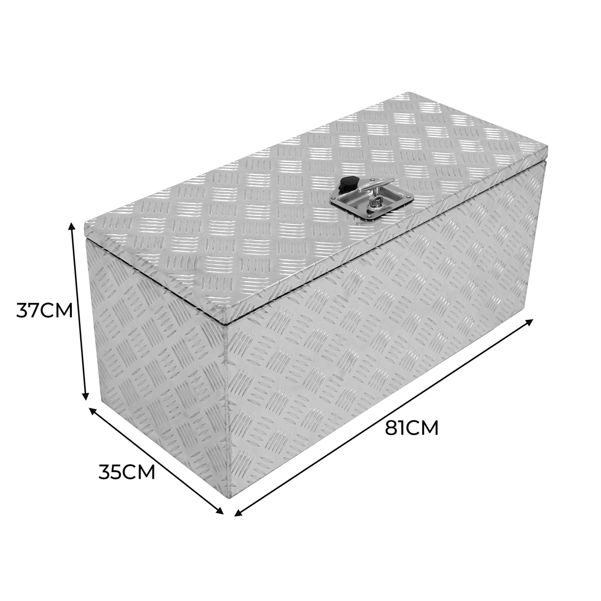 Caisse à outils en aluminium argenté de 102 L, dimensions 81 cm x 35 cm x 37 cm, surface texturée avec un verrou en métal