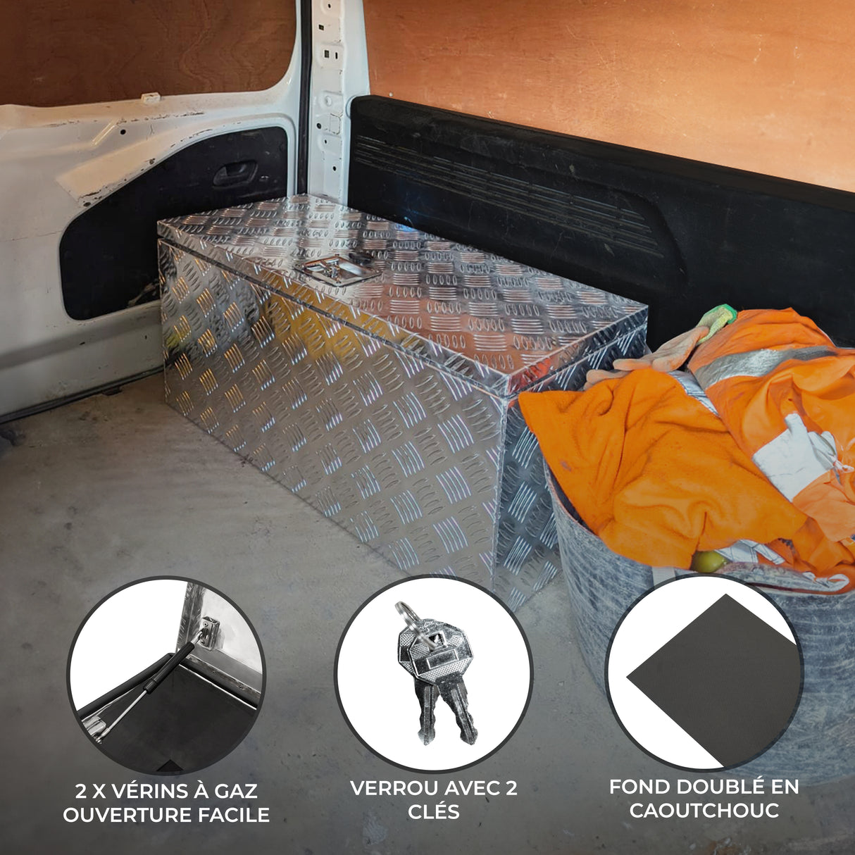 Caisse à outils en aluminium 102 L, finition en aluminium poli, serrure à clé, vérins à gaz pour une ouverture facile, fond en caoutchouc