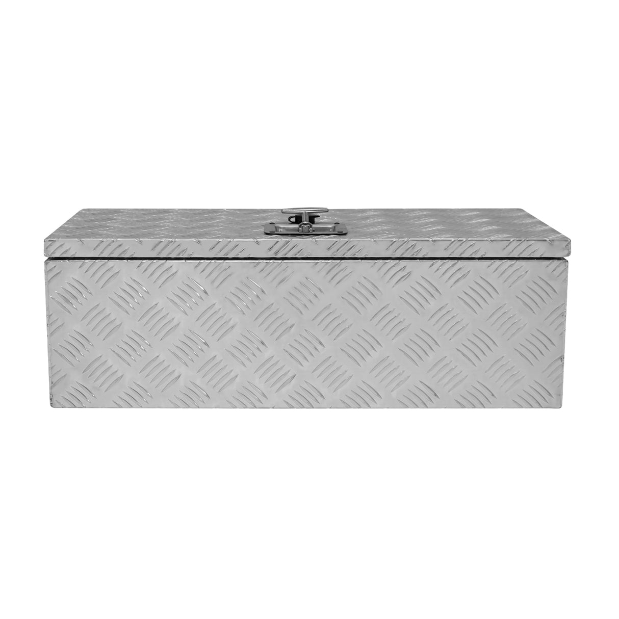 Caisse à outils en aluminium de 60 L, finition argentée, surface texturée en damier, design rectangulaire avec serrure centrale
