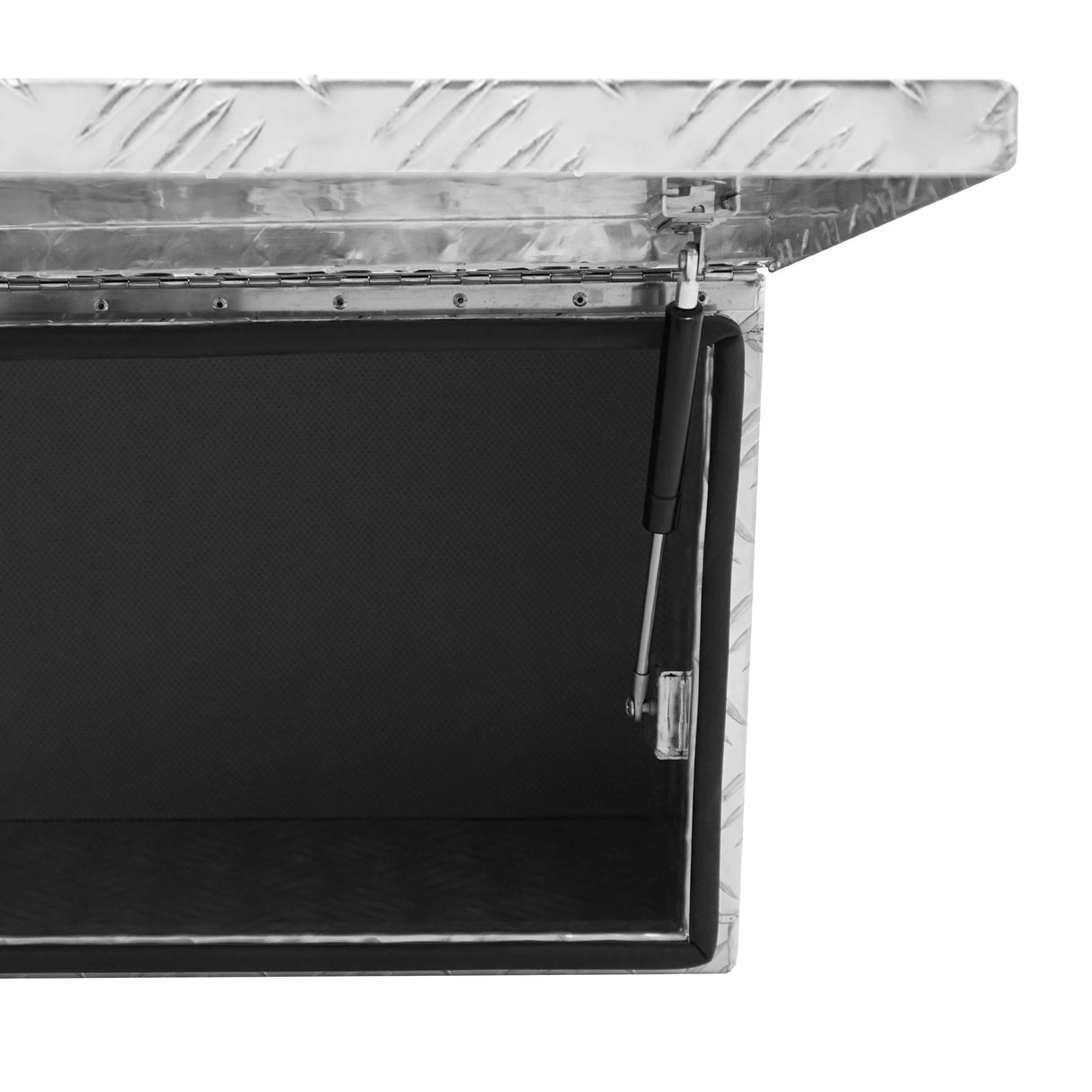 Caisse à outils en aluminium de 60 L avec finition argentée, couvercle texturé et intérieur noir, idéale pour le rangement sécurisé