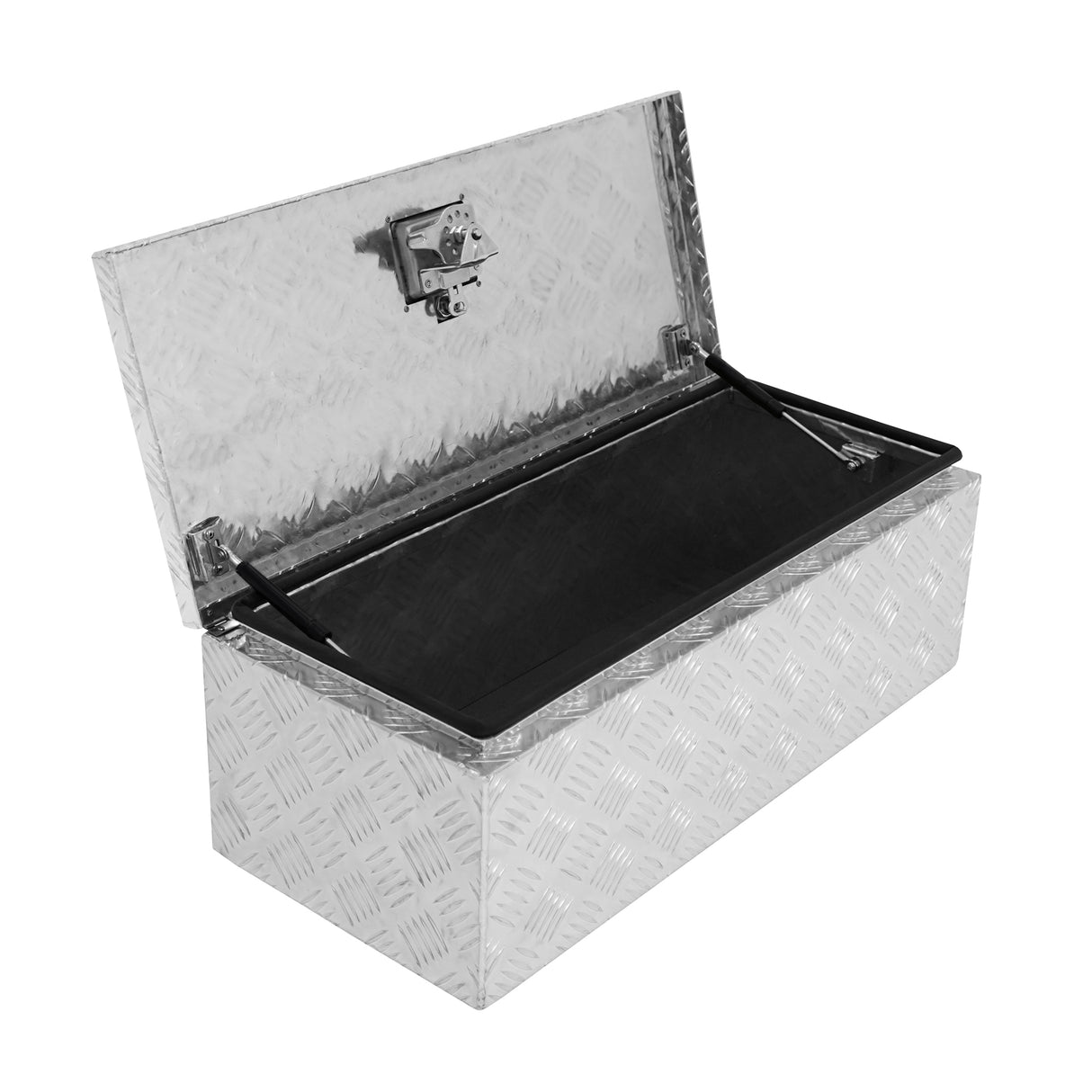 Caisse à outils en aluminium de 60 L, finition en aluminium texturé, couvercle ouvert, intérieur spacieux et noir, robuste et durable