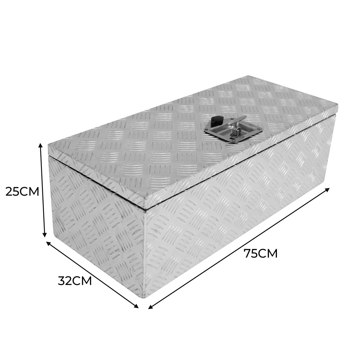 Caisse à outils en aluminium argenté de 60 L, dimensions 75 cm x 32 cm x 25 cm, surface texturée avec motif en losange et serrure intégrée