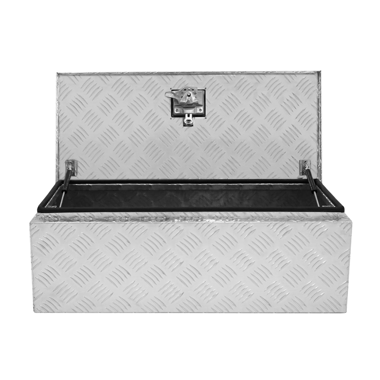 Caisse à outils en aluminium de 60 L avec texture en diamant, couvercle ouvert, finition argentée et serrure robuste en métal