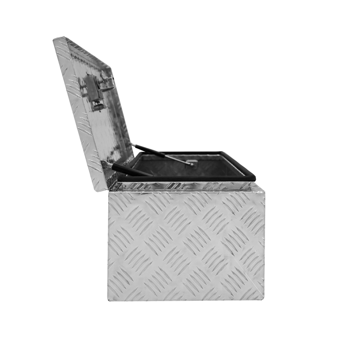 Caisse à outils en aluminium de 60 L, finition en relief, avec un couvercle ouvert et un intérieur noir, idéale pour le rangement robuste