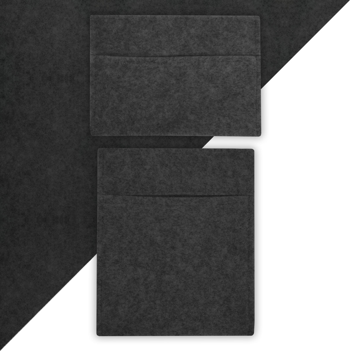 Poches de rangement en gris anthracite, en feutre doux, avec une texture lisse et des finitions soignées, idéales pour l'organisation
