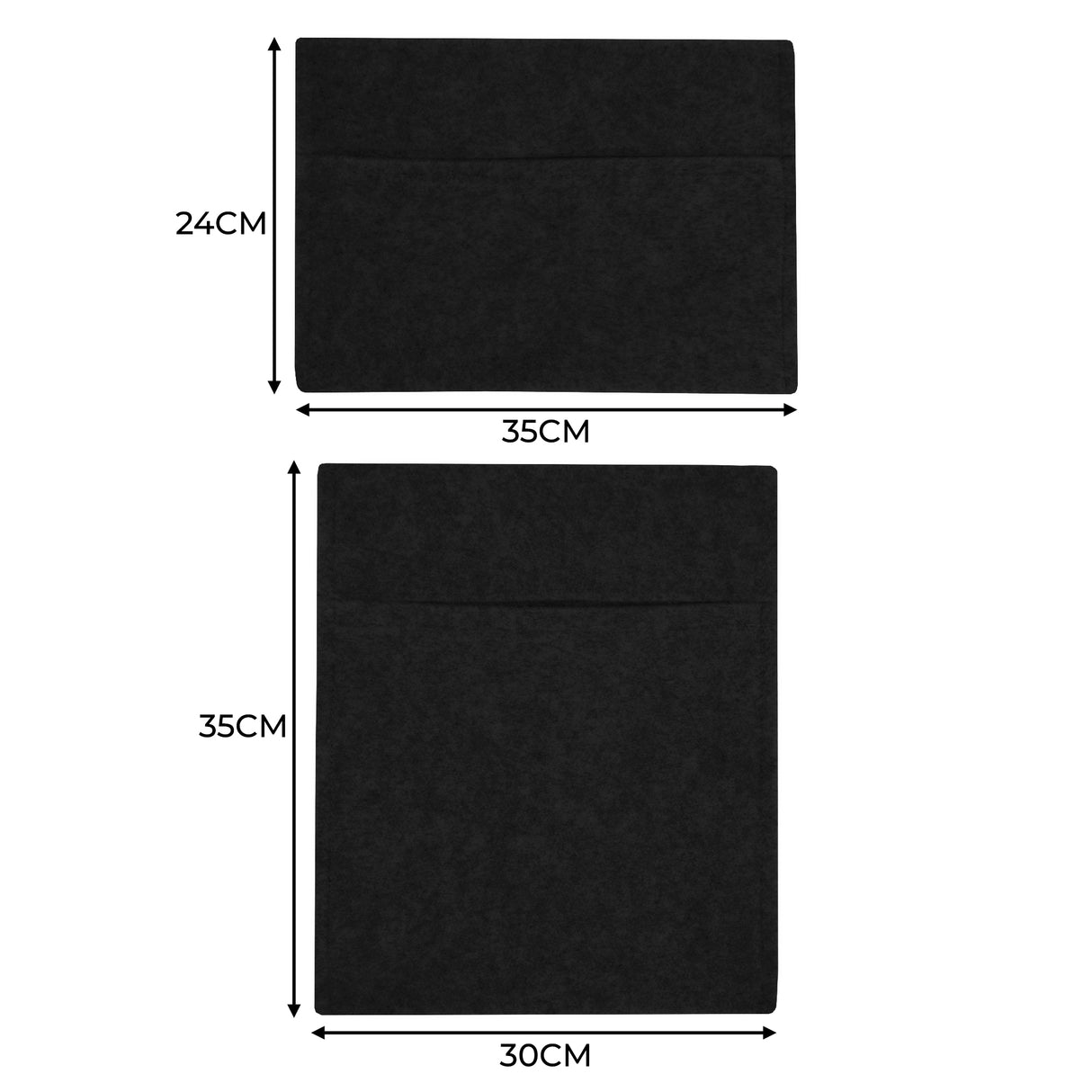 Poches de rangement noires en feutre, dimensions 24x30 cm et 35x35 cm, avec une texture douce et un design minimaliste élégant