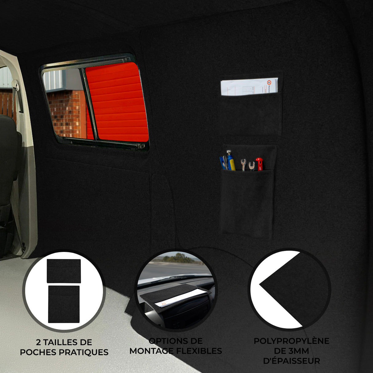 Poches de rangement noires en polypropylène, offrant deux tailles pratiques et un montage flexible pour un intérieur organisé