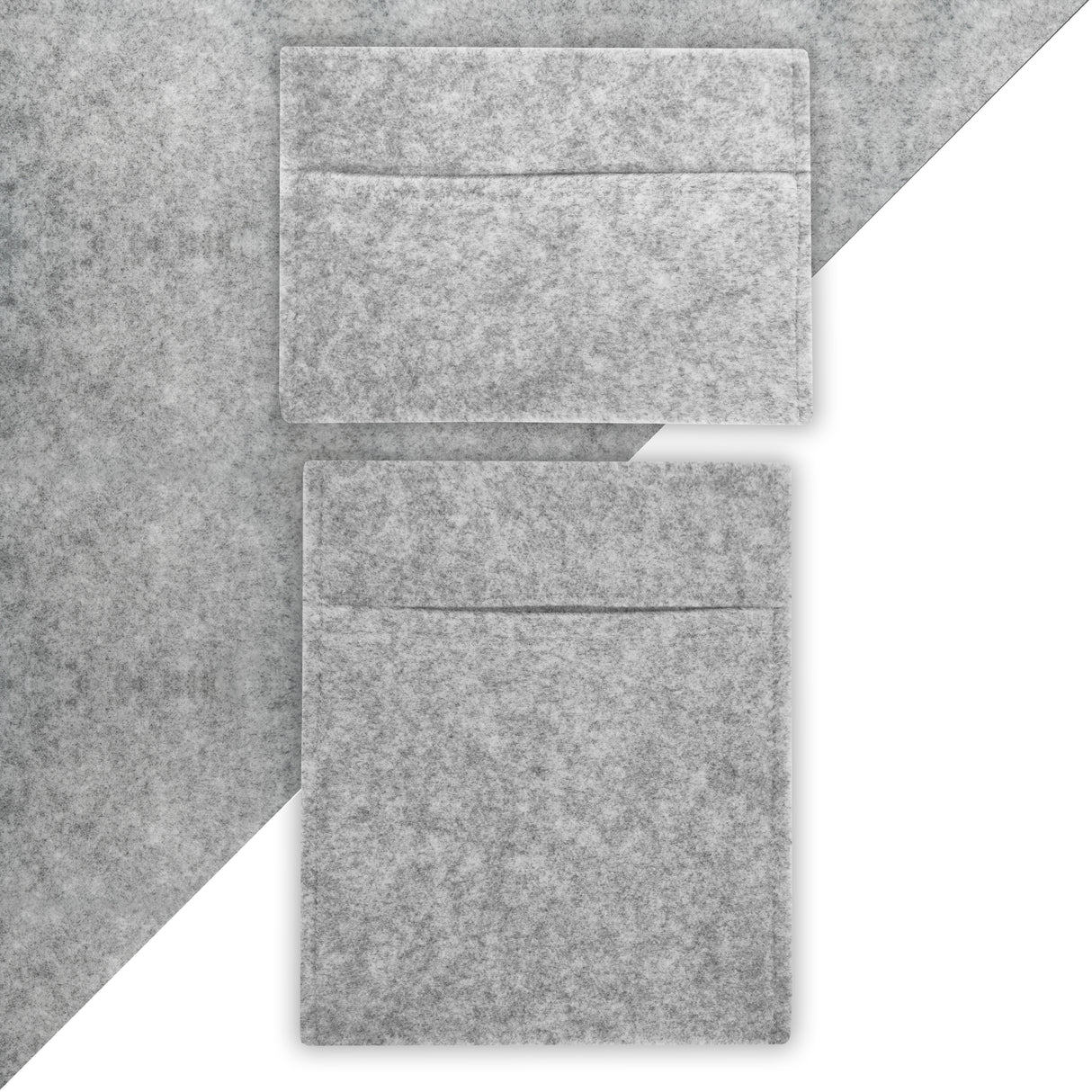 Poches de rangement en feutre gris argenté, avec une texture douce et un design minimaliste, idéales pour l'organisation intérieure
