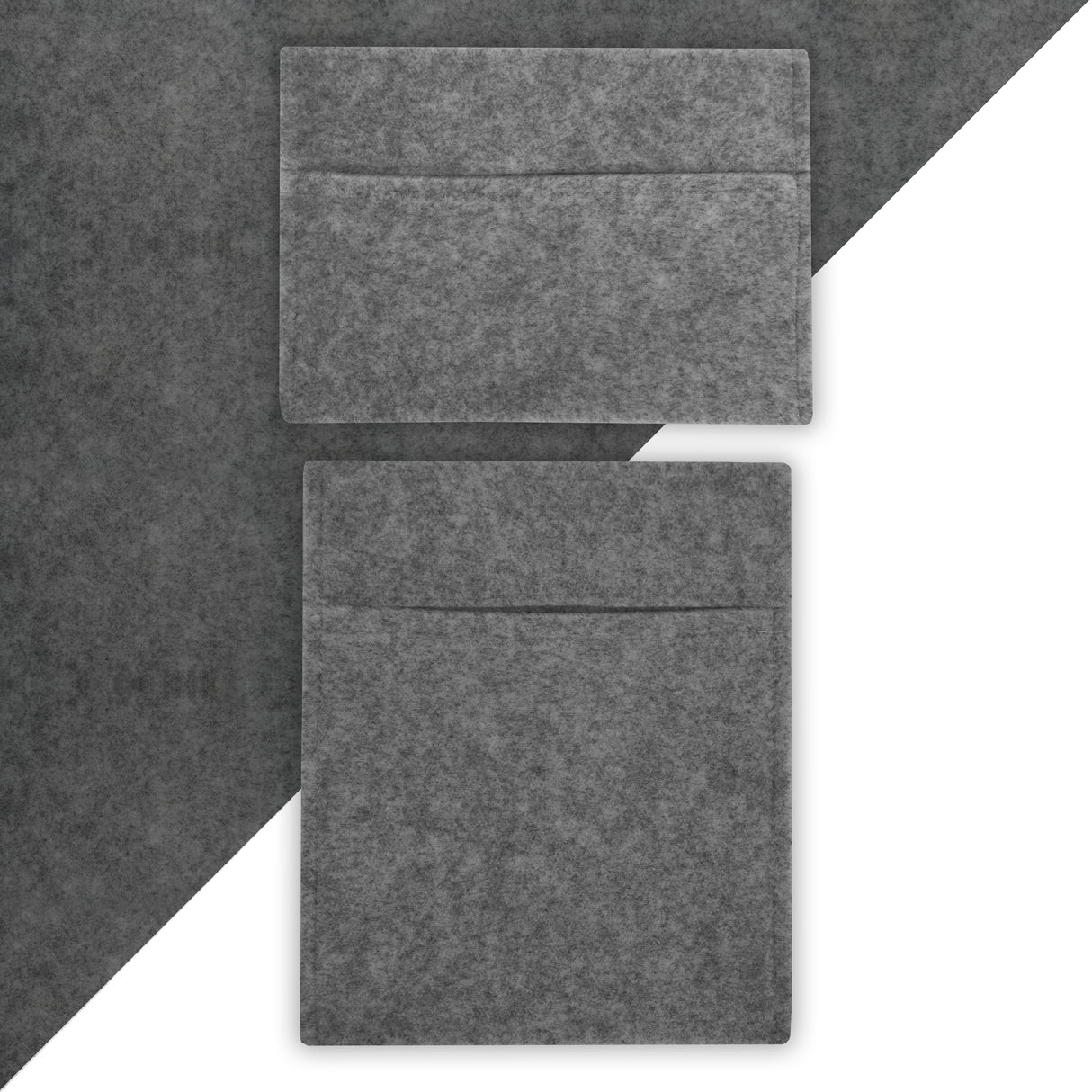 Poches de rangement en feutre gris clair, avec une texture douce et un design minimaliste, idéales pour organiser vos espaces
